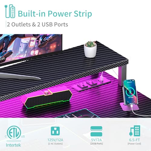 Black 40 Inch Gaming Desk with LED Lights and Power Outlets W26391
