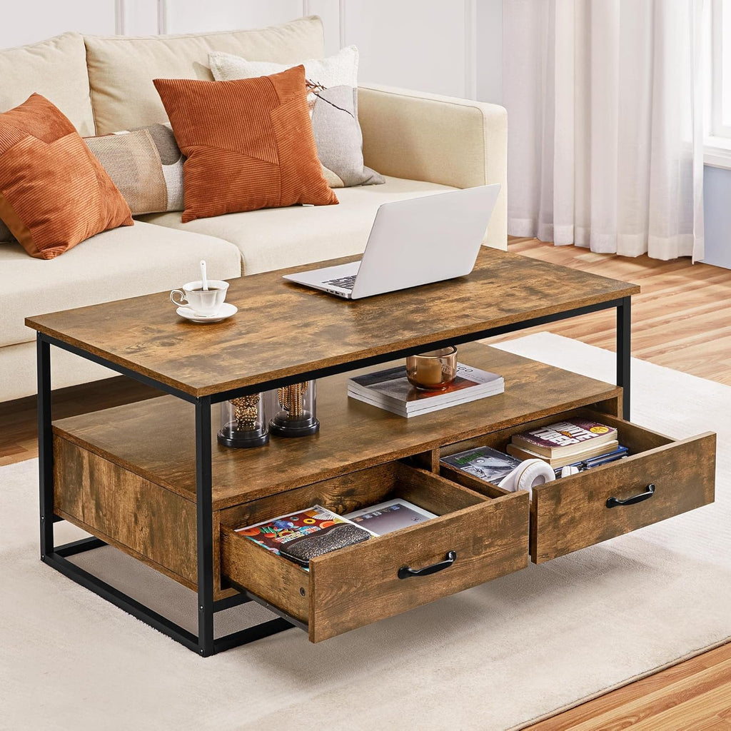 Farmhouse Coffee Table with Open Storage Shelves and 2 Drawers, Metal Frame, Rustic Brown S7742