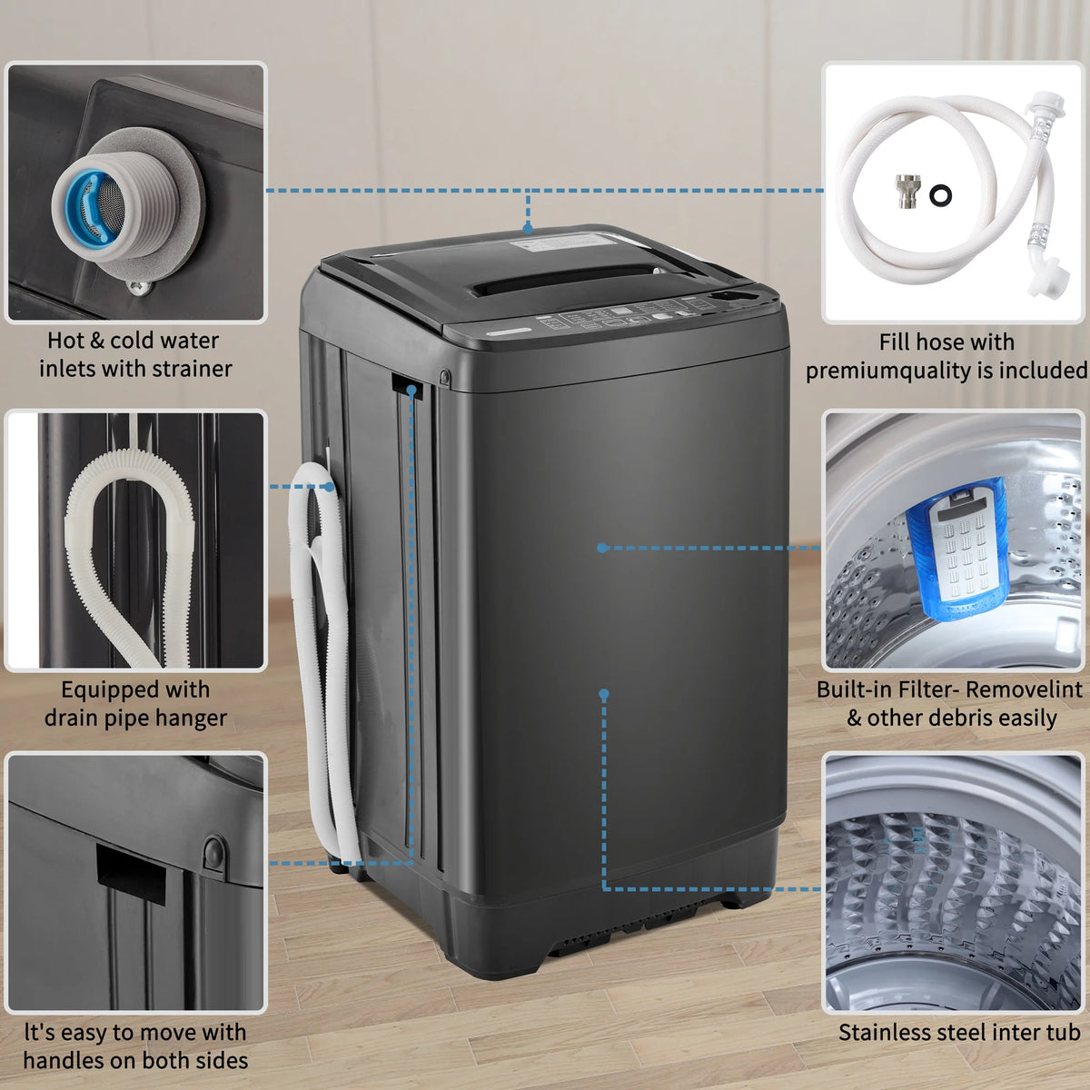 Portable Automatic Washer Machine with Drain Pump 17.6 Pounds U5077