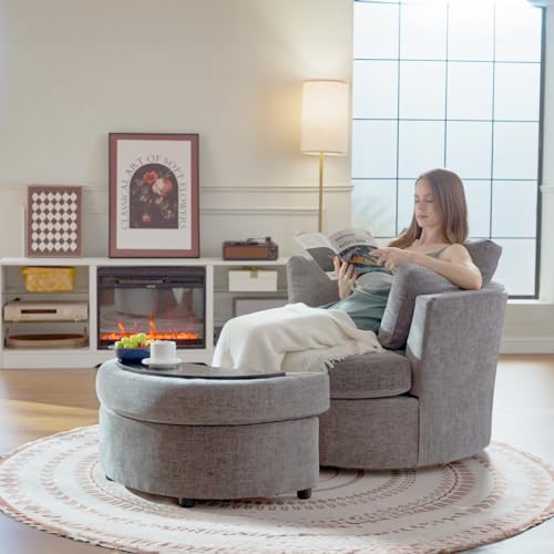 White Large Swivel Accent Barrel Chair with Ottoman N786228