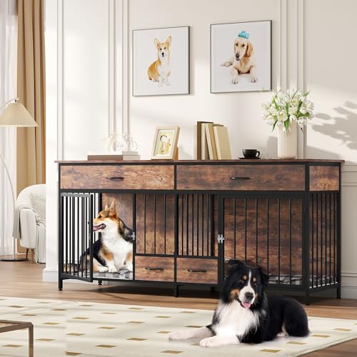 Brown Wooden Double Dog Crate Furniture with Drawers I8775