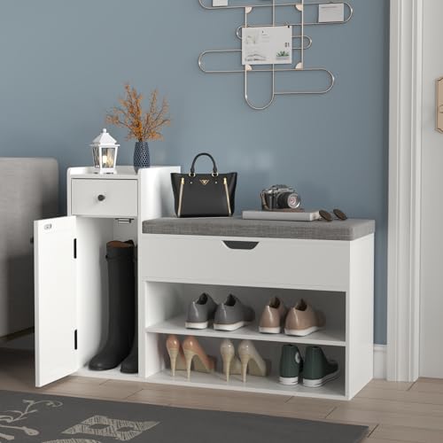 2-Tier Shoe Storage Bench with Sliding Barn Door Storage Cabinets & Removable Seat Cushion J111