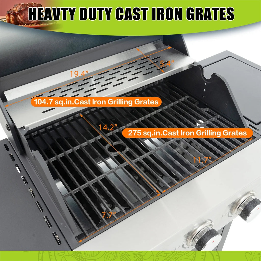 3 Burner Propane Gas Grill with Side Burner, Stainless Steel, Black D676