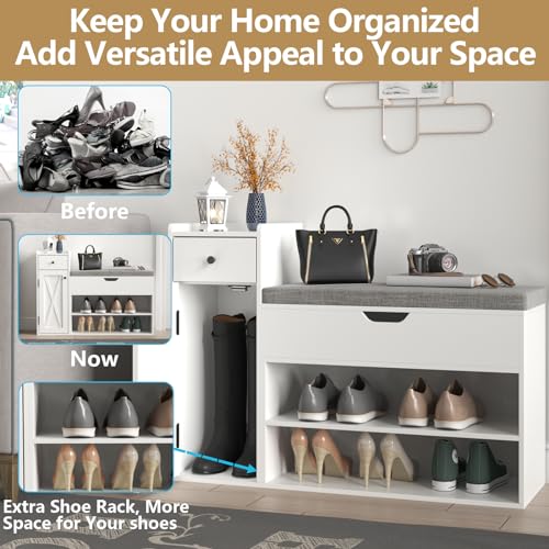 2-Tier Shoe Storage Bench with Sliding Barn Door Storage Cabinets & Removable Seat Cushion J111