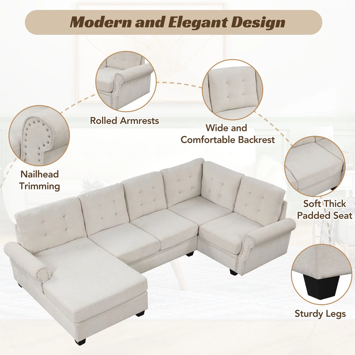 120" U-Shaped Linen Sectional Sofa W49632