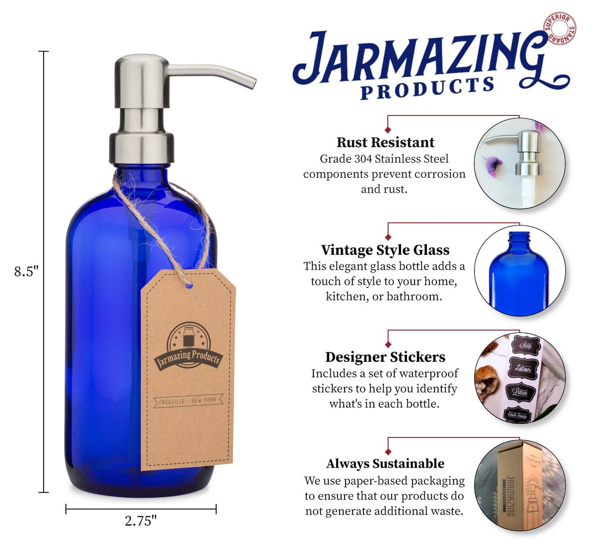 Cobalt Blue Glass Soap and Lotion Dispenser with Stainless Steel Pump - 2 Pack K534884