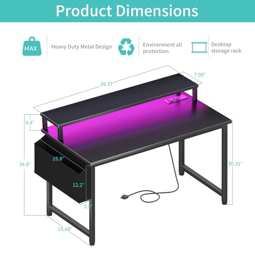 Black 40 Inch Gaming Desk with LED Lights and Power Outlets W26391