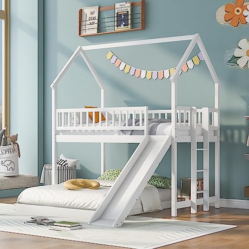 Twin Over Twin Solid Wood House Bunk Bed with Trundle and Slide L381862