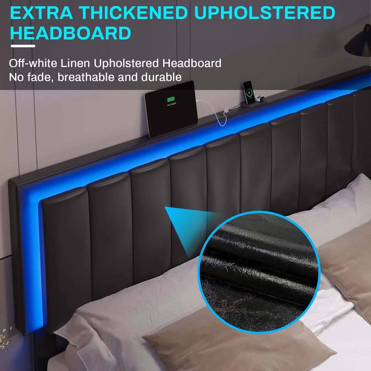 King Leather Upholstered Platform Bed with Charging Station and LED Lights G791891
