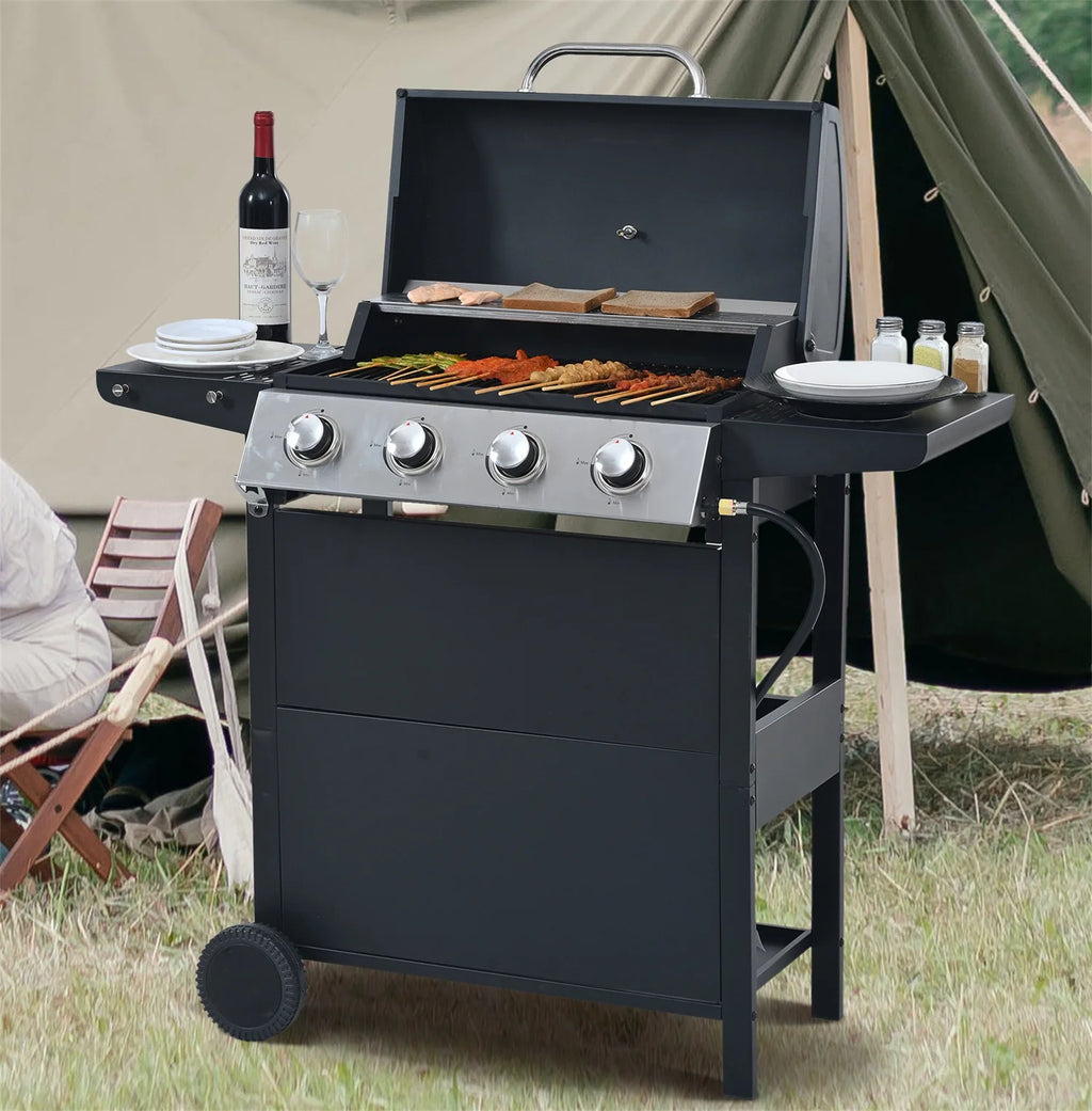 3 Burner Propane Gas Grill with Side Burner, Stainless Steel, Black D676