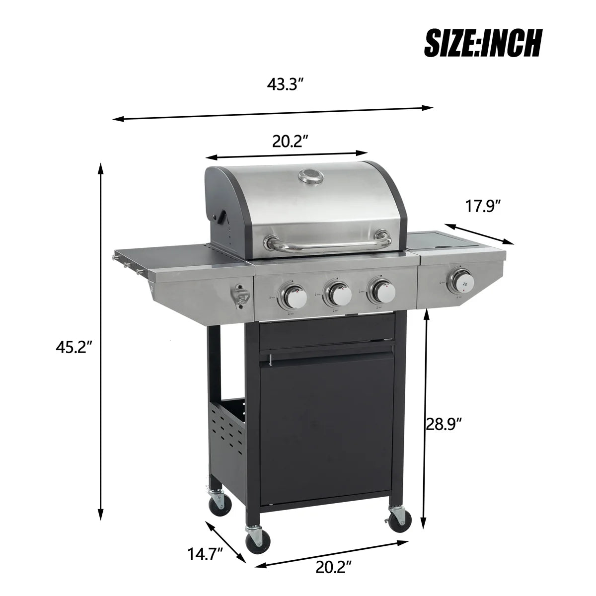 3 Burner Propane Gas Grill with Side Burner, Stainless Steel, Black D676