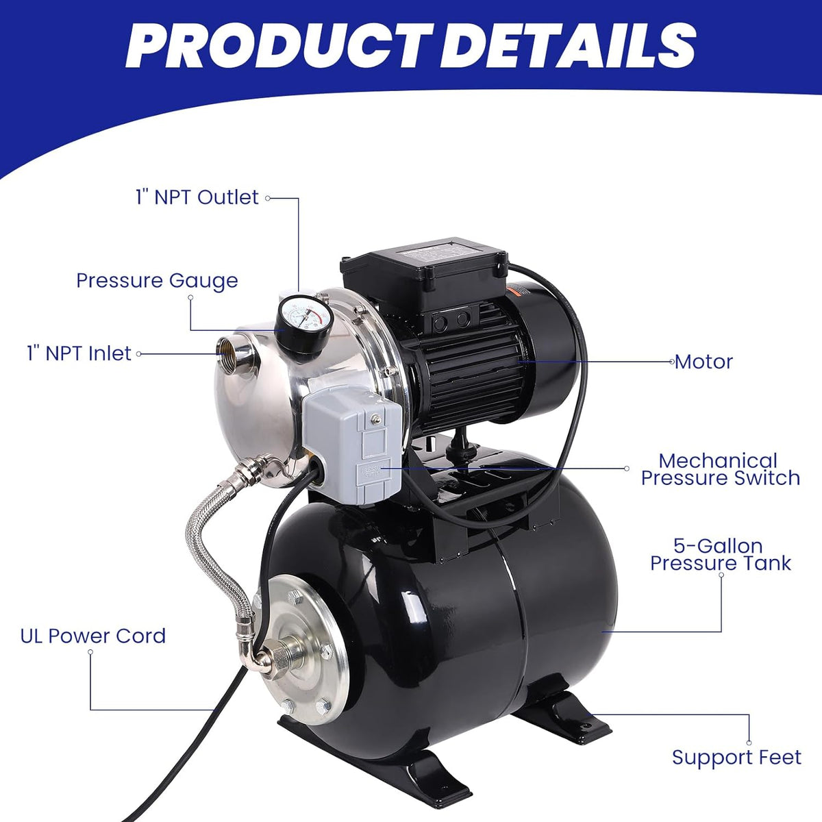 1.6HP Stainless Steel Shallow Well Pump with Pressure Tank E702