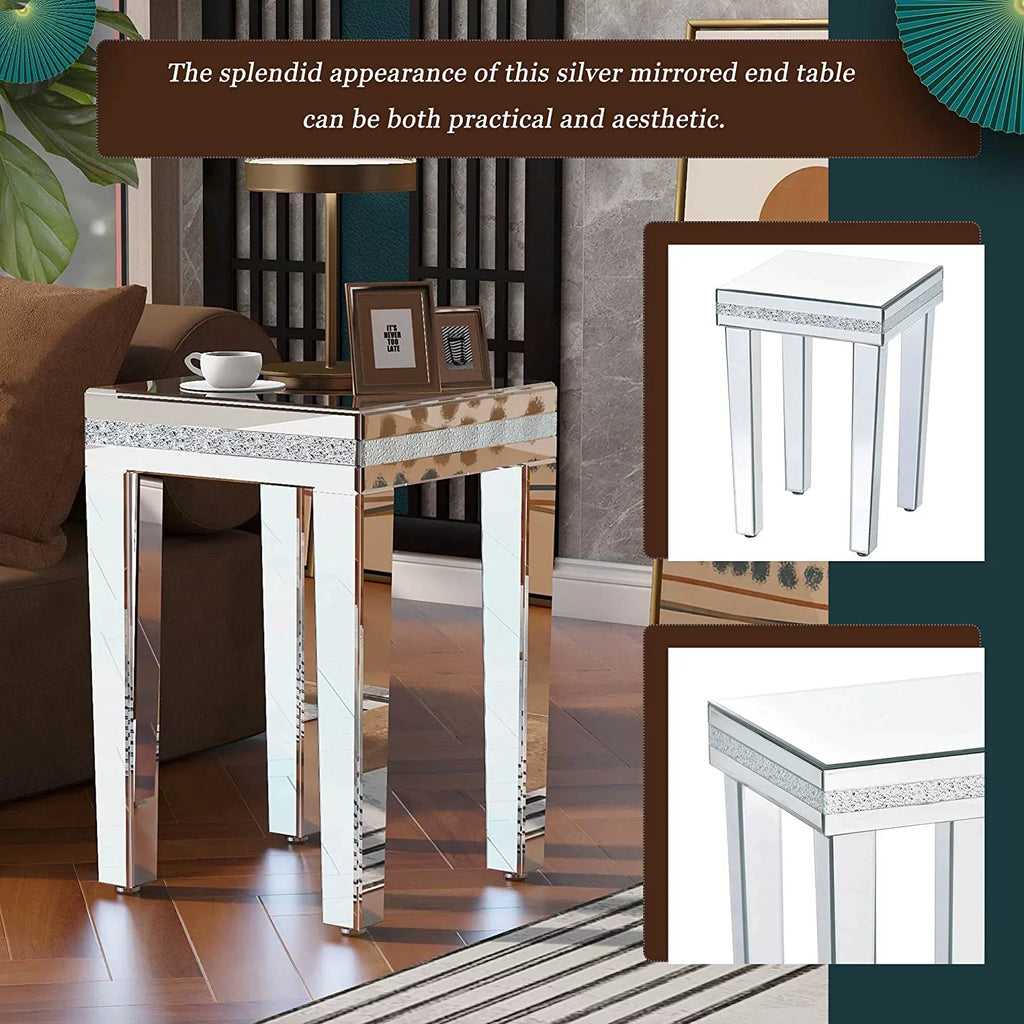 Modern Glass Mirrored Side Table with Crystal Design and Adjustable Height Legs P30301