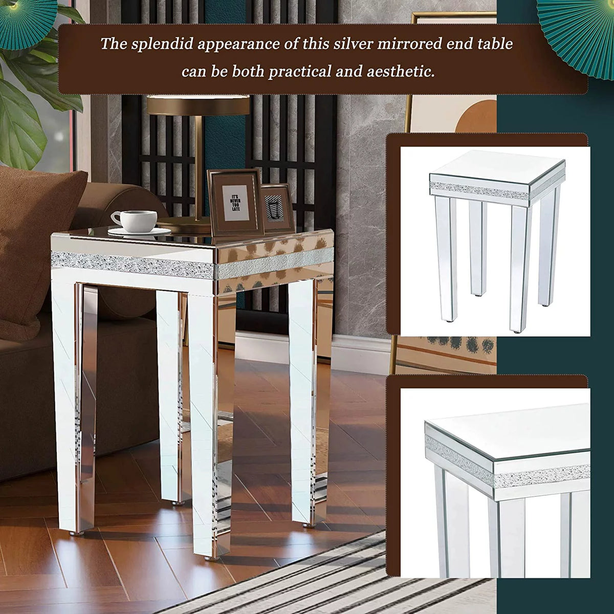 Modern Glass Mirrored Side Table with Crystal Design and Adjustable Height Legs P30301