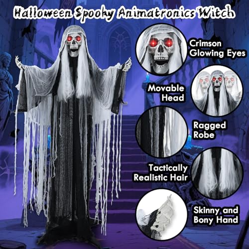5 FT Witch Animatronic Halloween Decorations with Sound Activation and Glowing Red Eyes U7339