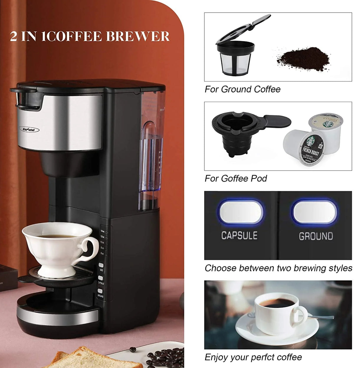 Single Serve Coffee Maker with 6 to 14 oz Brew Sizes Y252