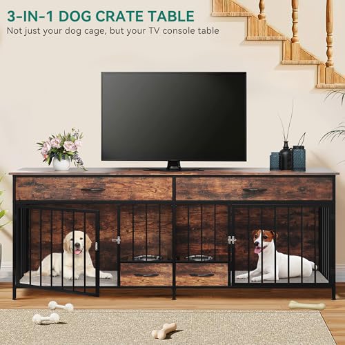 Brown Wooden Double Dog Crate Furniture with Drawers I8775