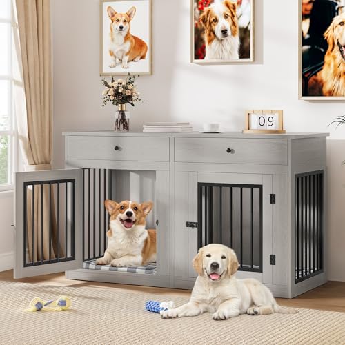 60" Wooden Dog Crate Furniture with Divider Storage Drawers Double Door Grey S4163