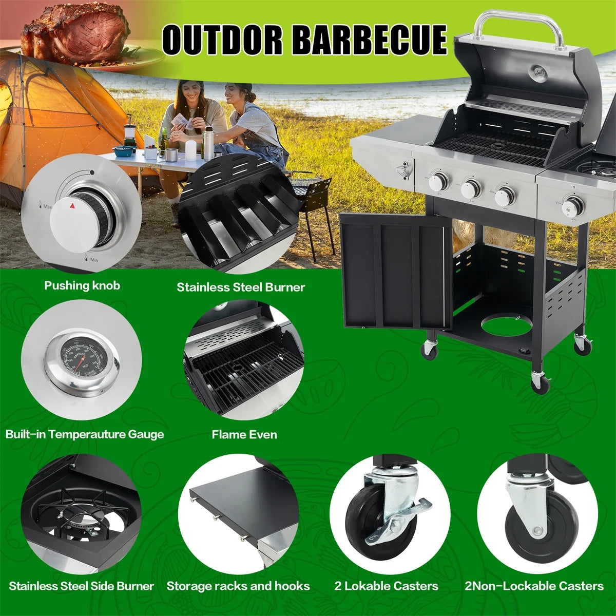 3 Burner Propane Gas Grill with Side Burner, Stainless Steel, Black D676