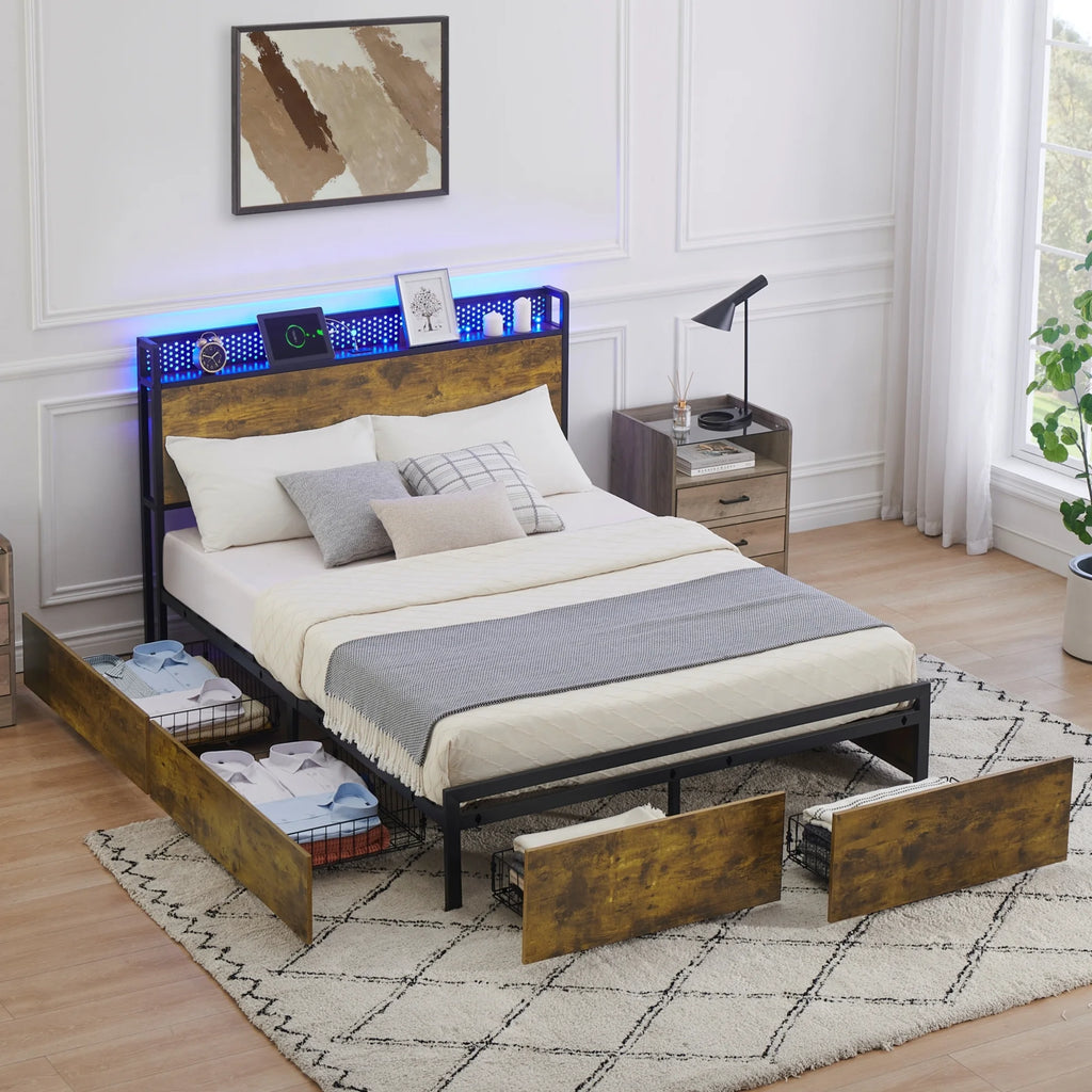 Queen Size Platform Bed Frame with Storage Headboard and 6 Drawers N587