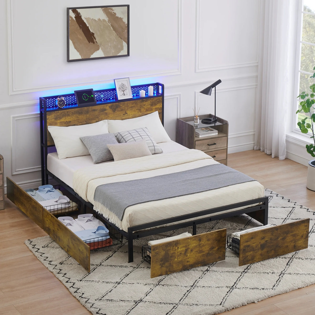 Queen Size Platform Bed Frame with Storage Headboard and 6 Drawers N587