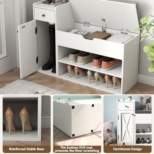 2-Tier Shoe Storage Bench with Sliding Barn Door Storage Cabinets & Removable Seat Cushion J111