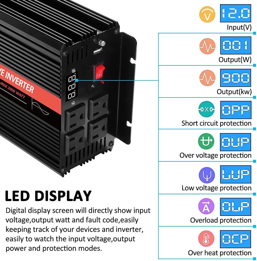 1000 Watt Pure Sine Wave Inverter 12v DC to 110/120v AC N414