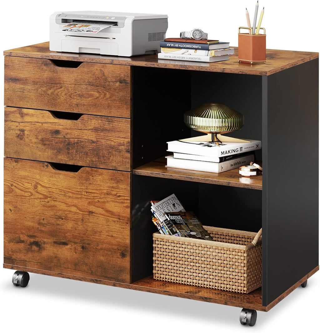 White 3-Drawer Mobile Wood File Cabinet with Open Storage Shelves U98471
