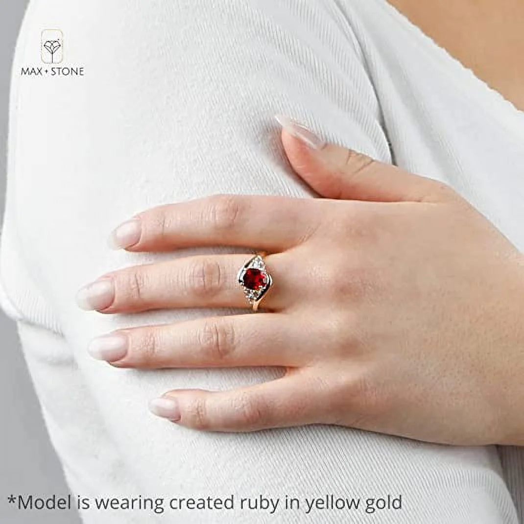 Red Ruby Oval Halo Ring in 10k Yellow Gold with Created White Sapphire D335585