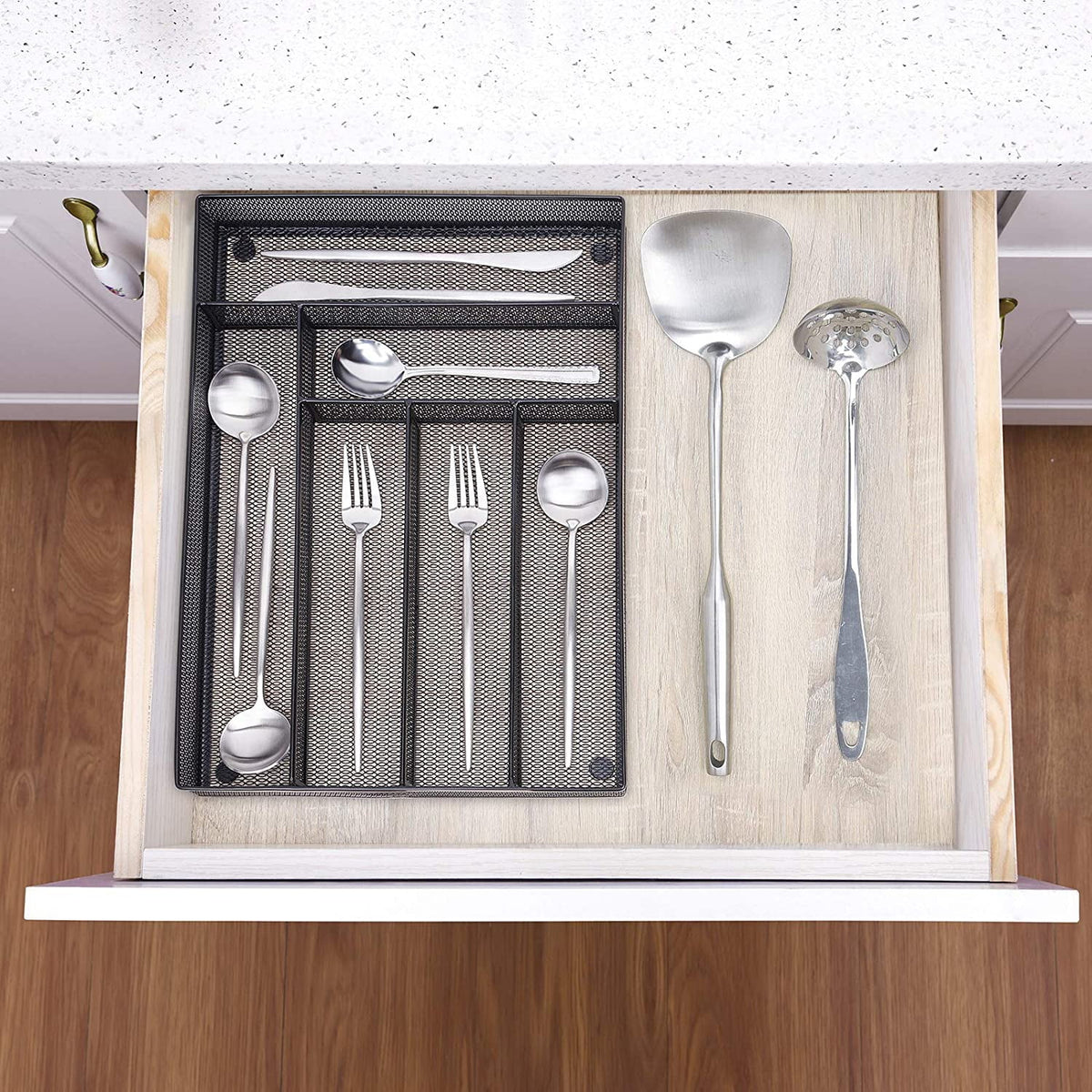 Black Metal Mesh Kitchen Flatware Organizer Tray with Non Slip Mat D67456