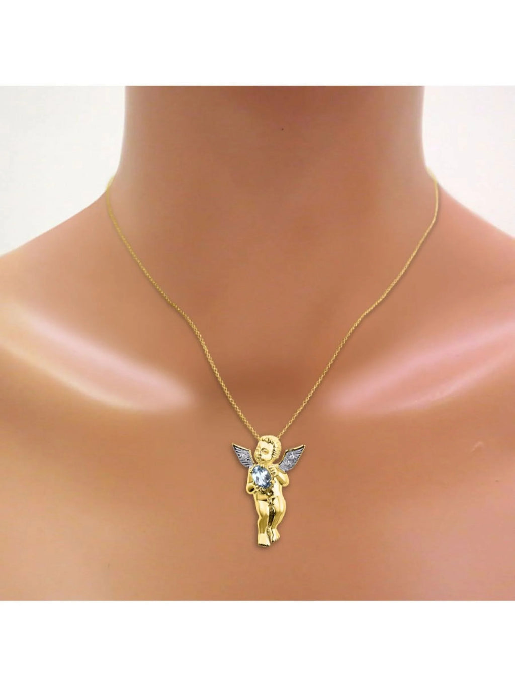 Yellow Gold Plated Silver Hugs & Kisses Angel Necklace, Tennis Bracelet, & Ring Adjustable 7"-8" Wrist & 18" Chain Aquamarine Birthstone Jewelry F58828