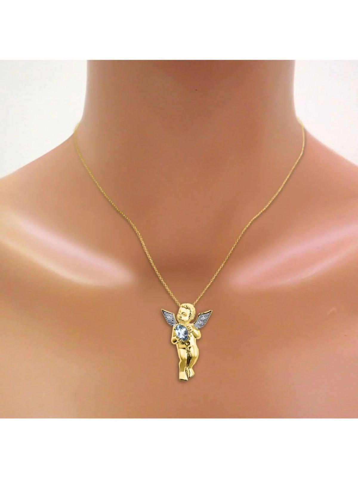 Yellow Gold Plated Silver Hugs & Kisses Angel Necklace, Tennis Bracelet, & Ring Adjustable 7"-8" Wrist & 18" Chain Aquamarine Birthstone Jewelry F58828