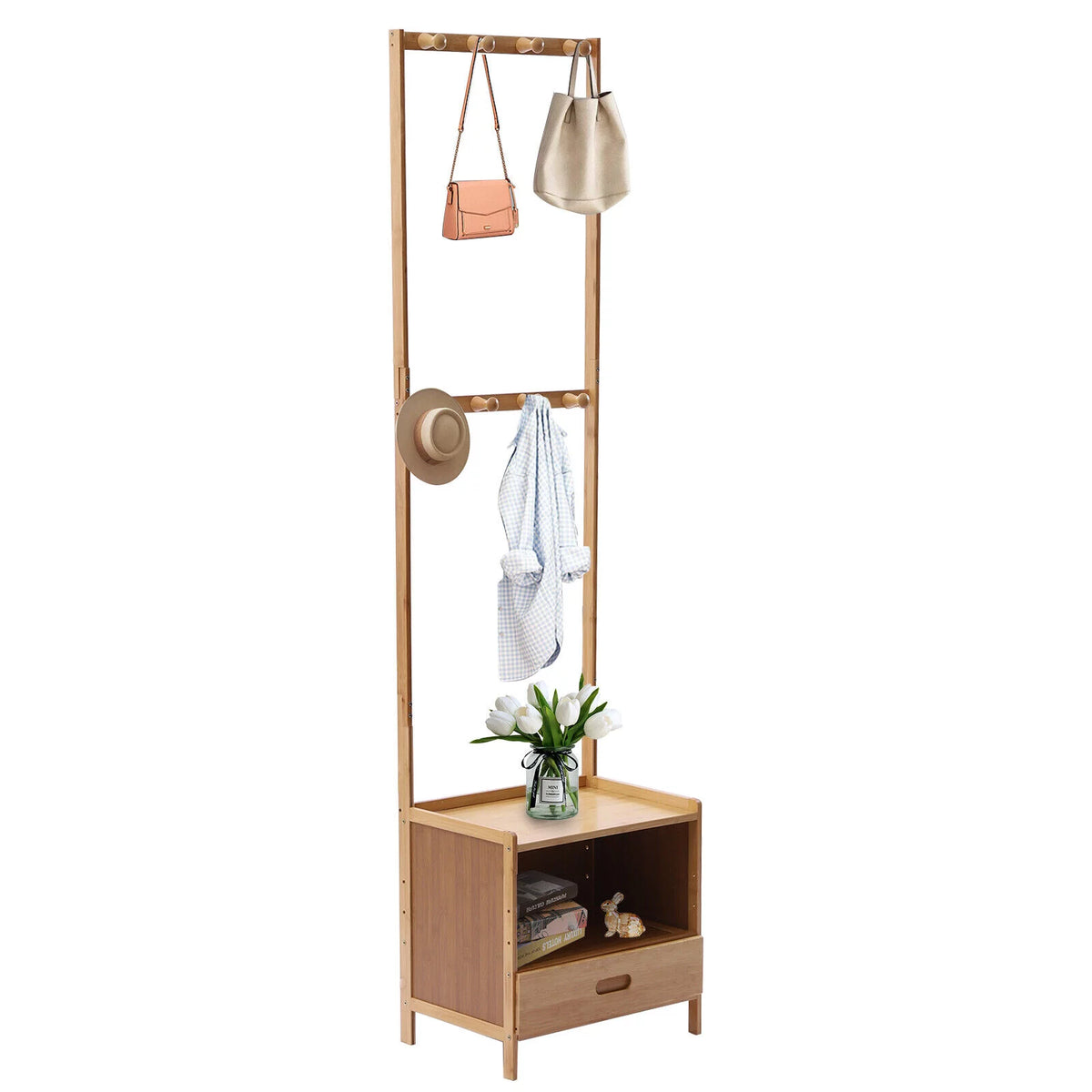 Bamboo Coat Hat Rack Shoe Bench with 8 Hooks A1241