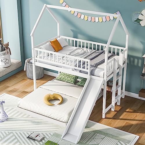 Twin Over Twin Solid Wood House Bunk Bed with Trundle and Slide L381862