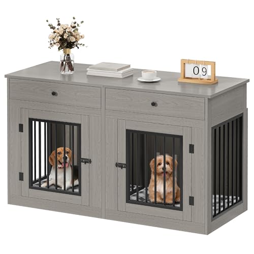 60" Wooden Dog Crate Furniture with Divider Storage Drawers Double Door Grey S4163