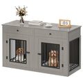 60" Wooden Dog Crate Furniture with Divider Storage Drawers Double Door Grey S4163
