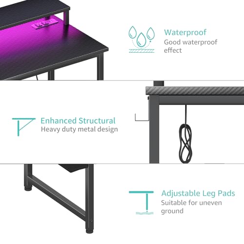 Black 40 Inch Gaming Desk with LED Lights and Power Outlets W26391