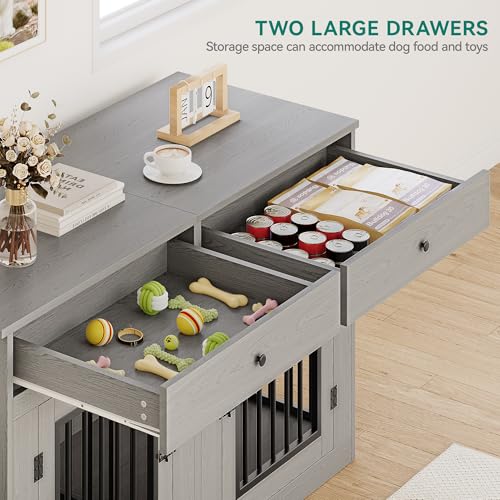 60" Wooden Dog Crate Furniture with Divider Storage Drawers Double Door Grey S4163