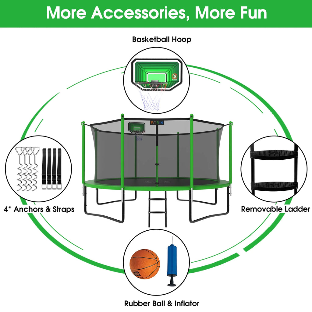 12FT 14FT 15FT Trampoline with Safety Enclosure Net, Basketball Hoop and Ladder C370111