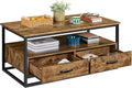 Farmhouse Coffee Table with Open Storage Shelves and 2 Drawers, Metal Frame, Rustic Brown S7742