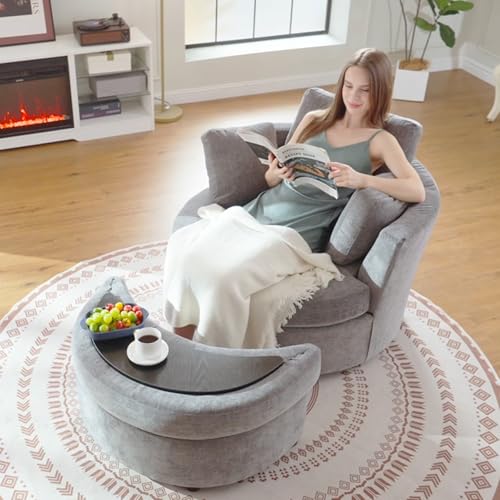 White Large Swivel Accent Barrel Chair with Ottoman N786228