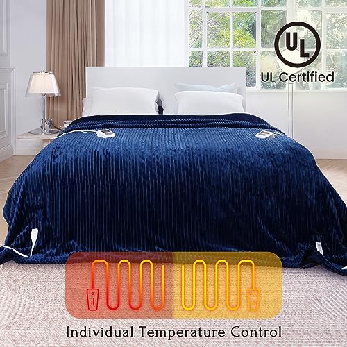 Navy Blue Queen Size Striped Electric Fleece Blanket with 6 Heat Levels and Auto-Off D60556