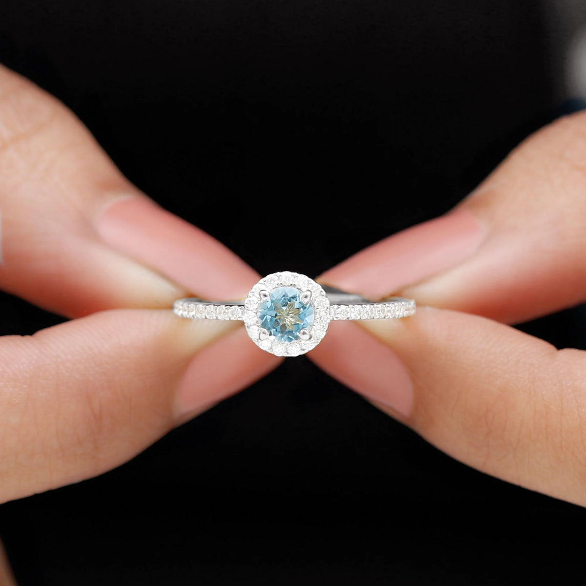 10K White Gold Aquamarine Ring with Diamond Halo C390