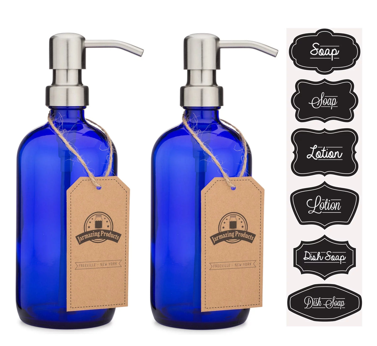 Cobalt Blue Glass Soap and Lotion Dispenser with Stainless Steel Pump - 2 Pack K534884