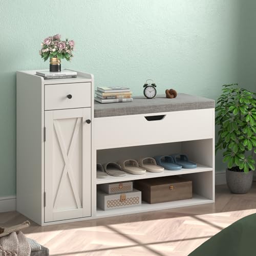 2-Tier Shoe Storage Bench with Sliding Barn Door Storage Cabinets & Removable Seat Cushion J111