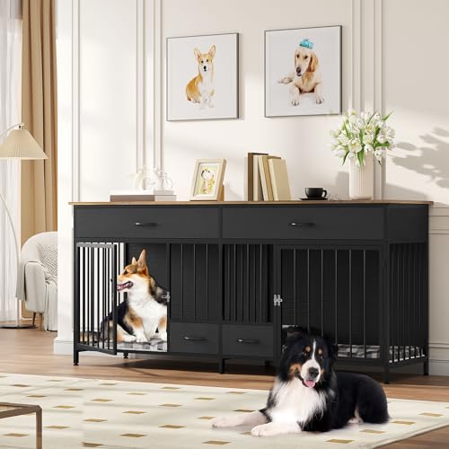 Brown Wooden Double Dog Crate Furniture with Drawers I8775