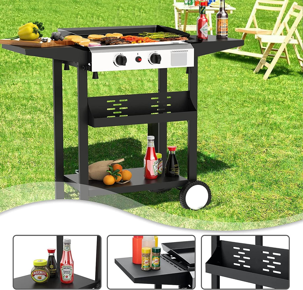 3 Burner Propane Gas Griddle with Side Shelves B990