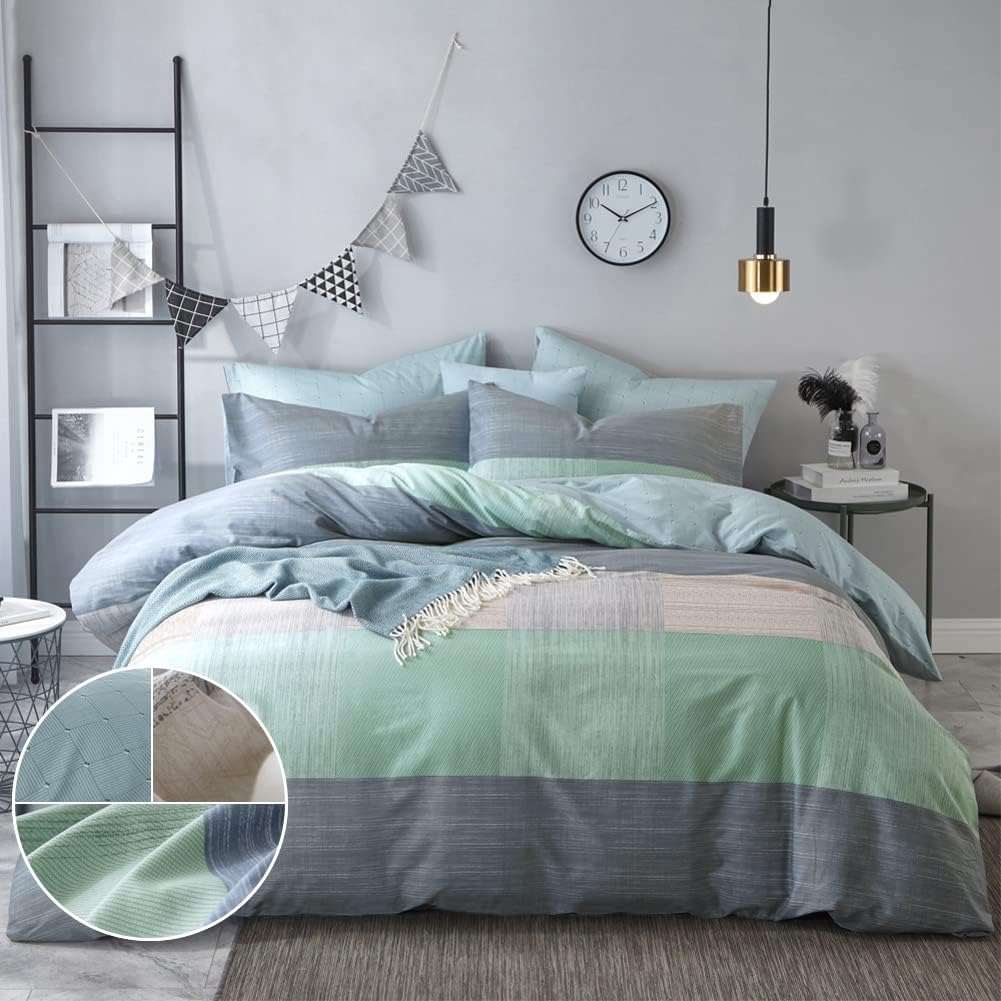 Blue Cotton Geometric Queen Duvet Cover Set W11882