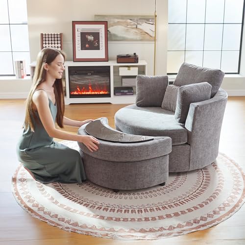 White Large Swivel Accent Barrel Chair with Ottoman N786228