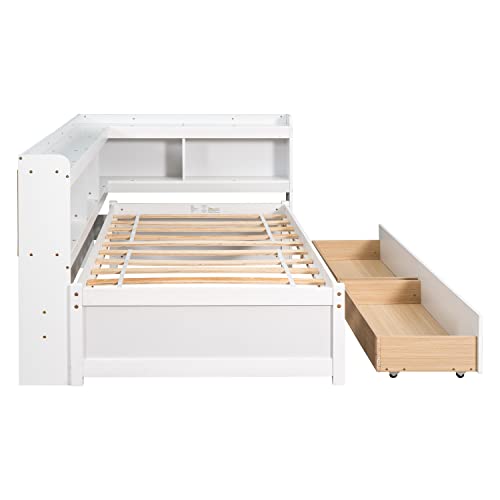 Grey Full Size Wooden Platform Bed with Two Storage Drawers and L-Shaped Bookcase Y890